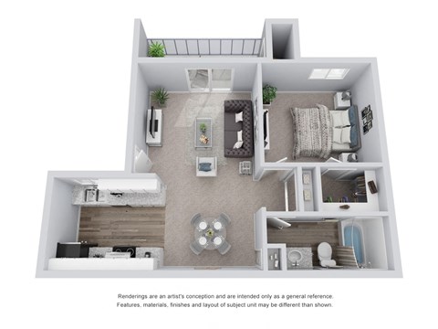 1 bed 1 bath 3D Floor Plan D